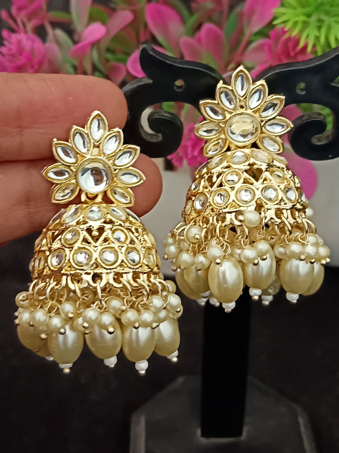 

EVY Gold-Plated Artificial Stones And Beads studded Dome Shaped Jhumkas, White