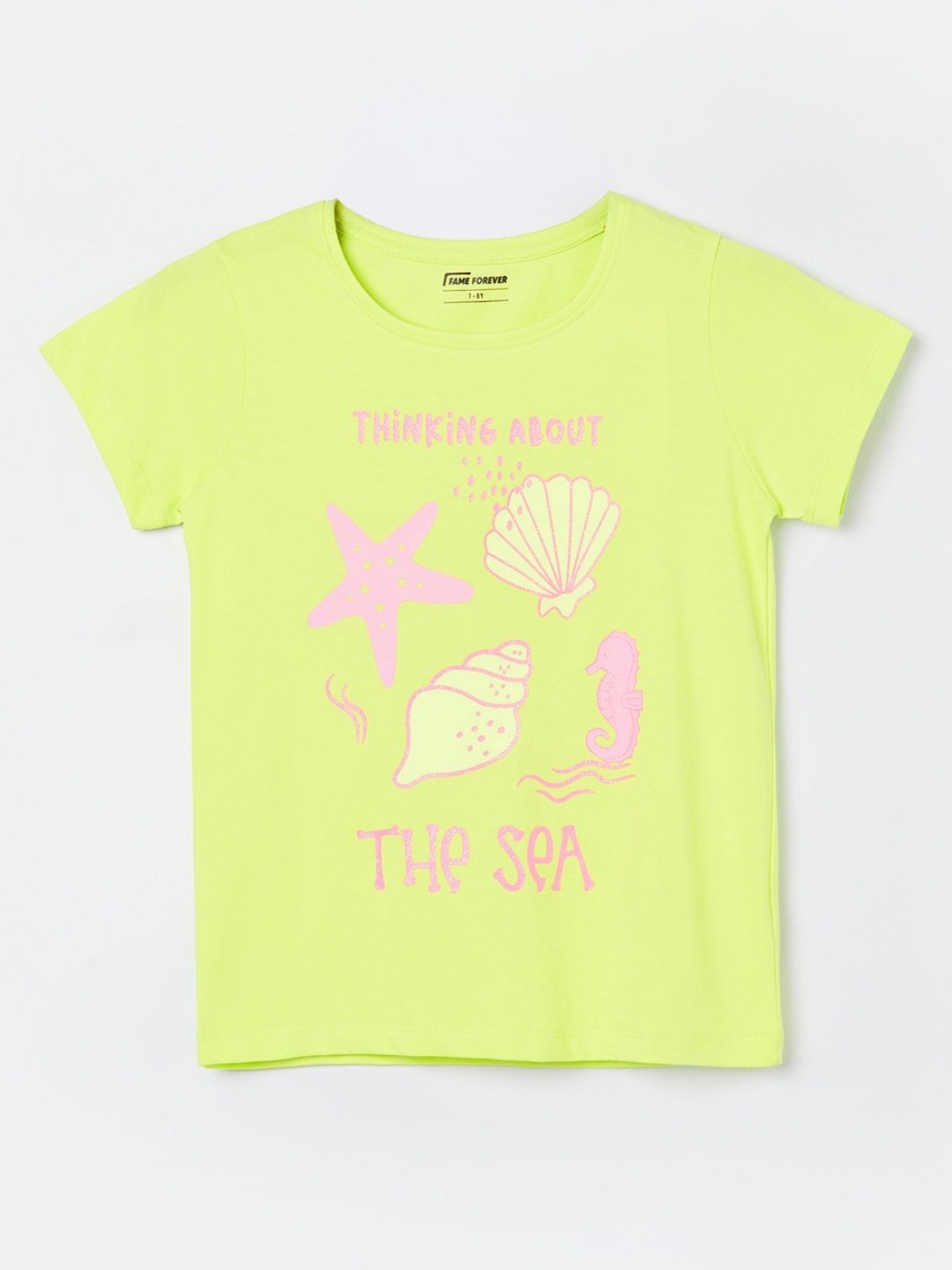 

Fame Forever by Lifestyle Girls Graphic Printed Round Neck Cotton T-shirt, Lime green