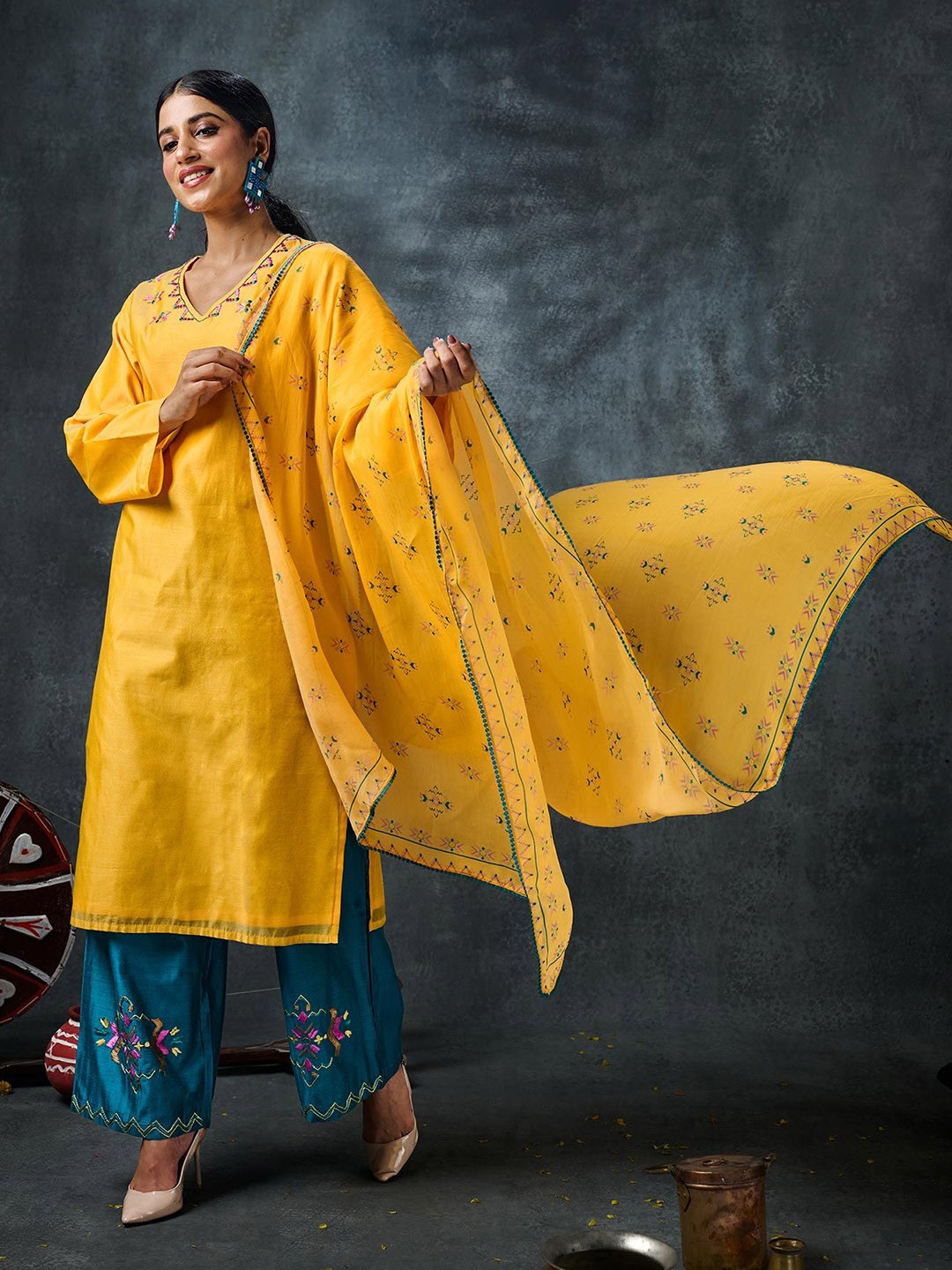 

Phulkari Forever Geometric Yoke Design Pure Chanderi Kurta With Palazzos & Dupatta, Yellow