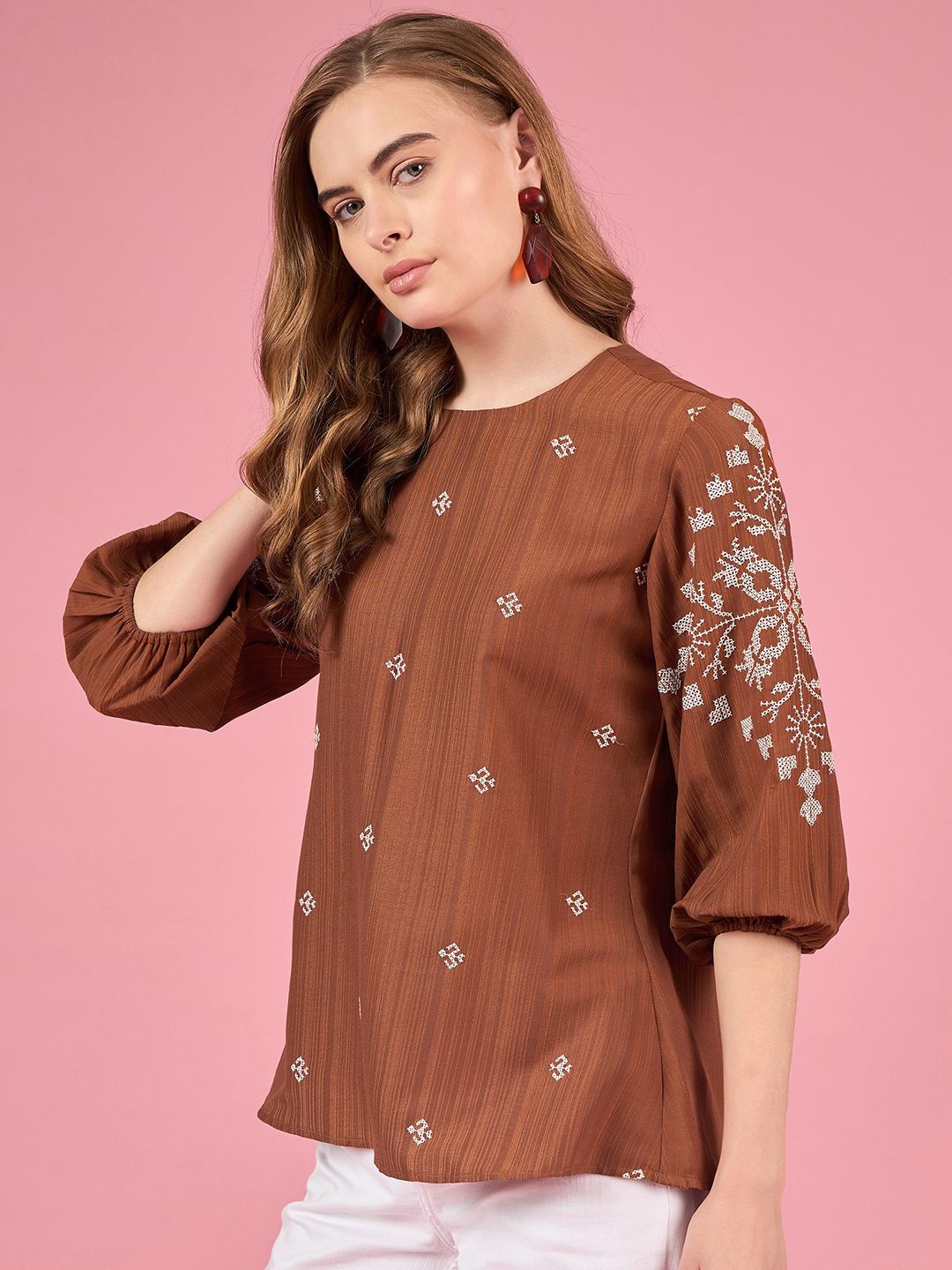 

all about you Women Embroidered Puff Sleeve Top, Brown