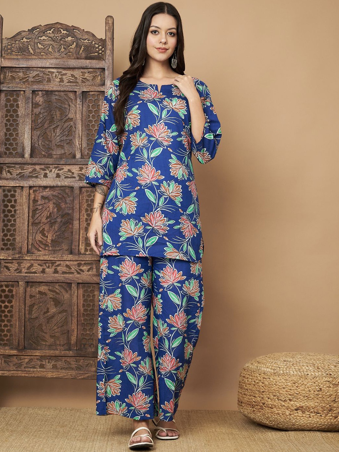 

COTNUF Printed Pure Cotton Top With Trouser Co-Ords, Blue