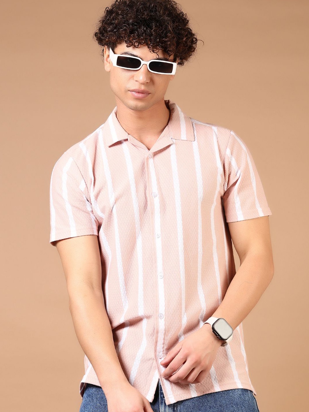 

V-Mart Men Cuban Collar Vertical Striped Cotton Casual Shirt, Peach