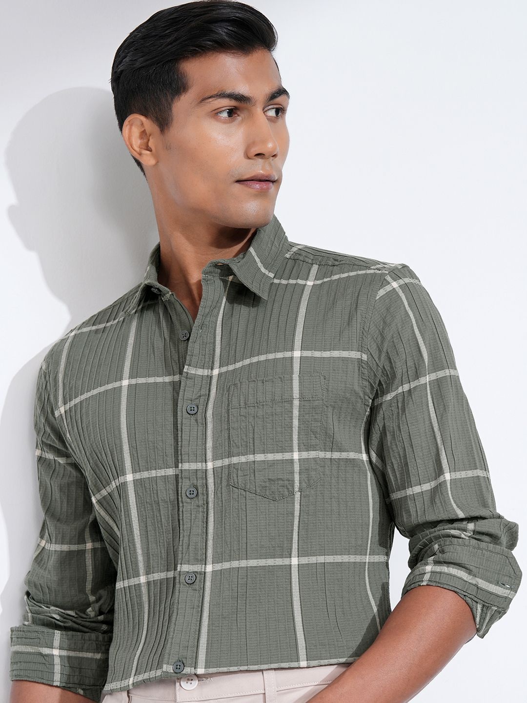 

HIGHLANDER Men Spread Collar Textured Cotton Casual Shirt, Olive