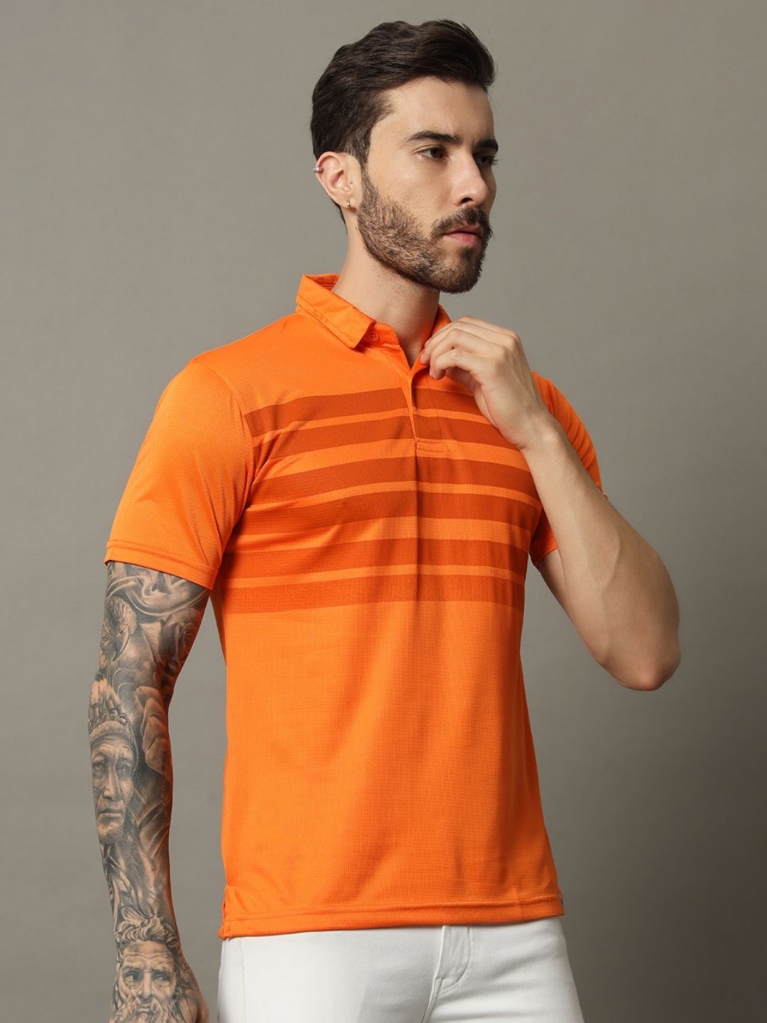 

RENUOVO Men Colourblocked Polo Collar Extended Sleeves Pockets T-shirt, Orange