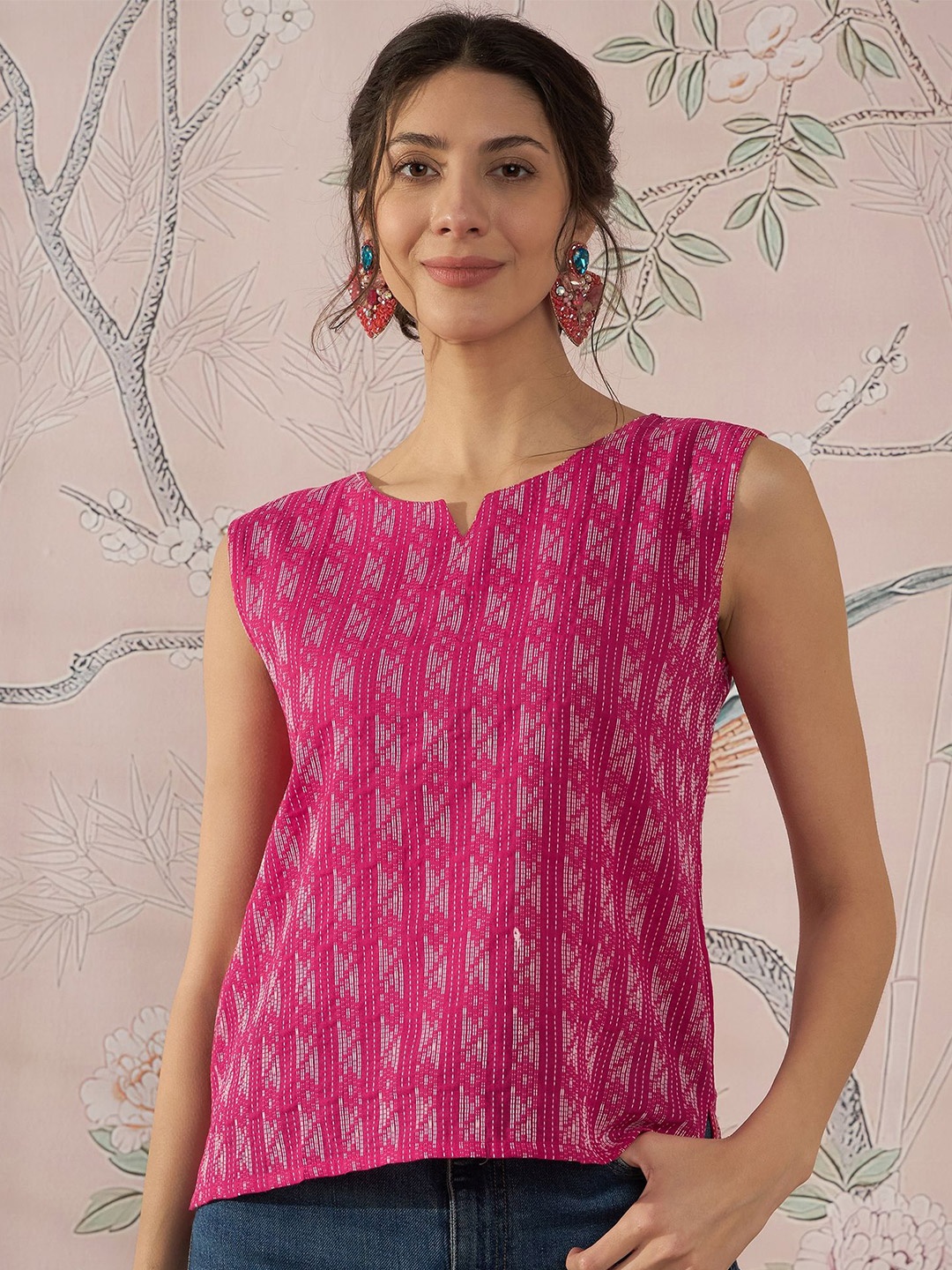 

InWeave Women Printed Round Neck Cotton Top, Fuchsia