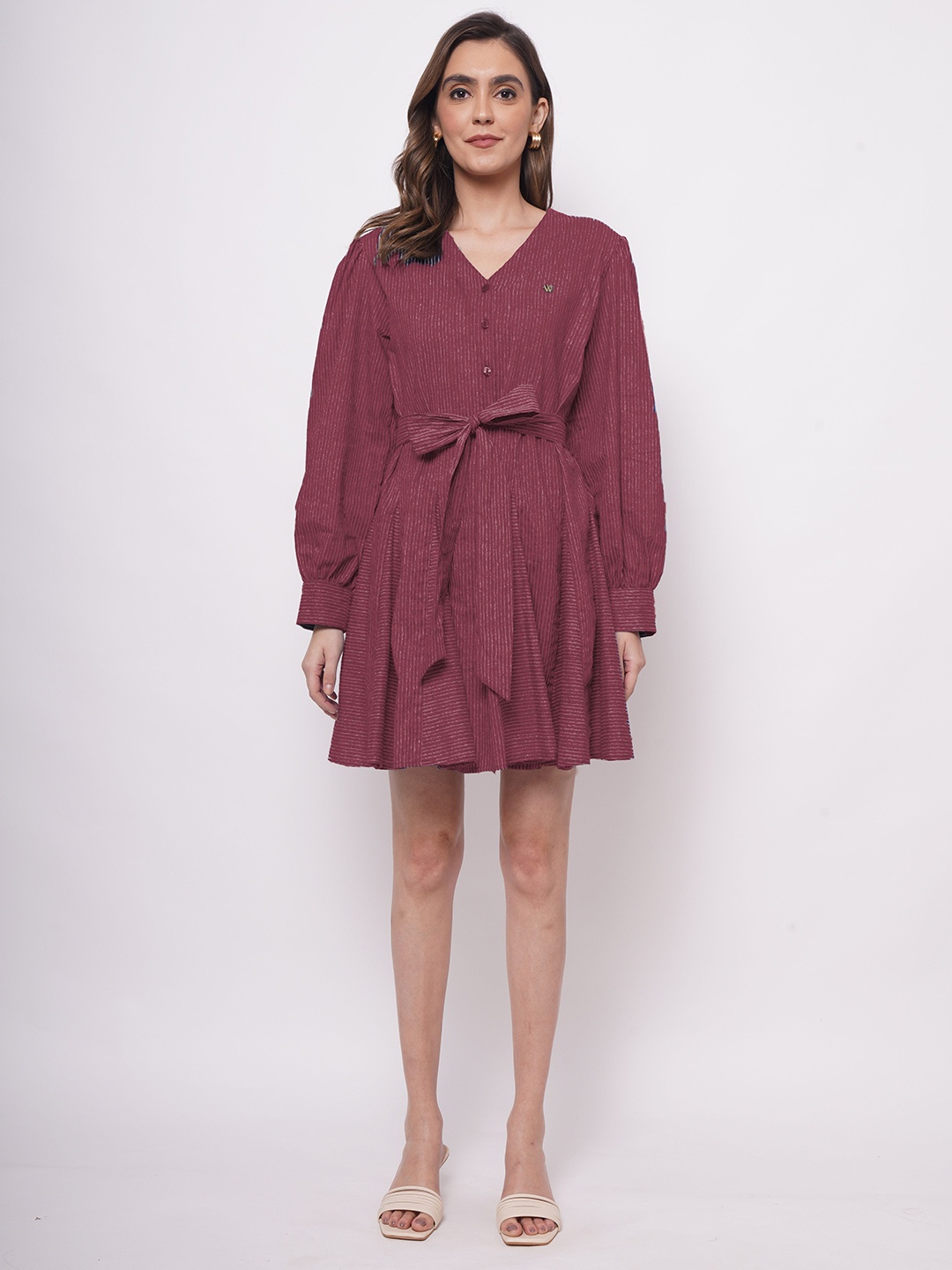 

Western Era Women Striped V-Neck Cotton A-Line Dress, Red