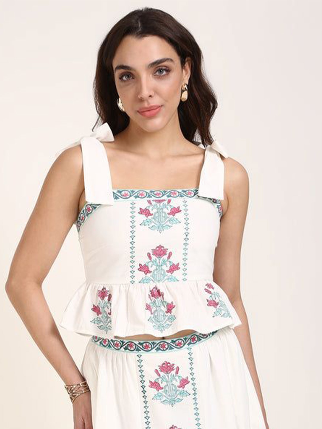 

Virgio Women Sarika The Whispering Moon|Jaipur Hand Block Print Tie-Up Peplum Top, White