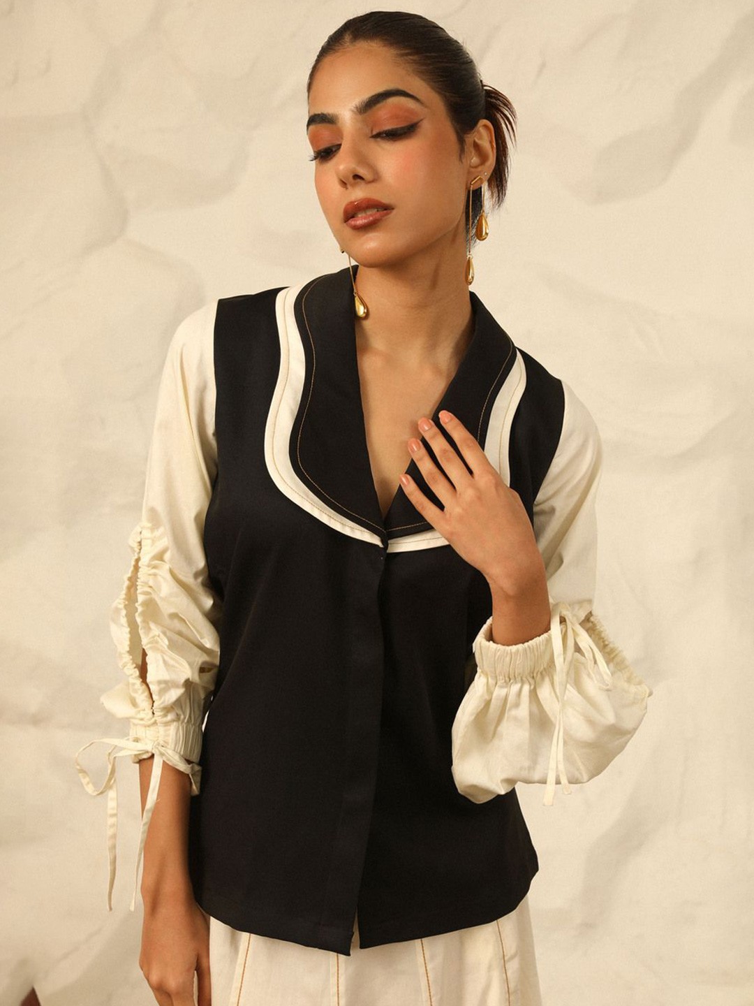 

YA-SA Colourblocked Crepe Shirt Style Top, Black