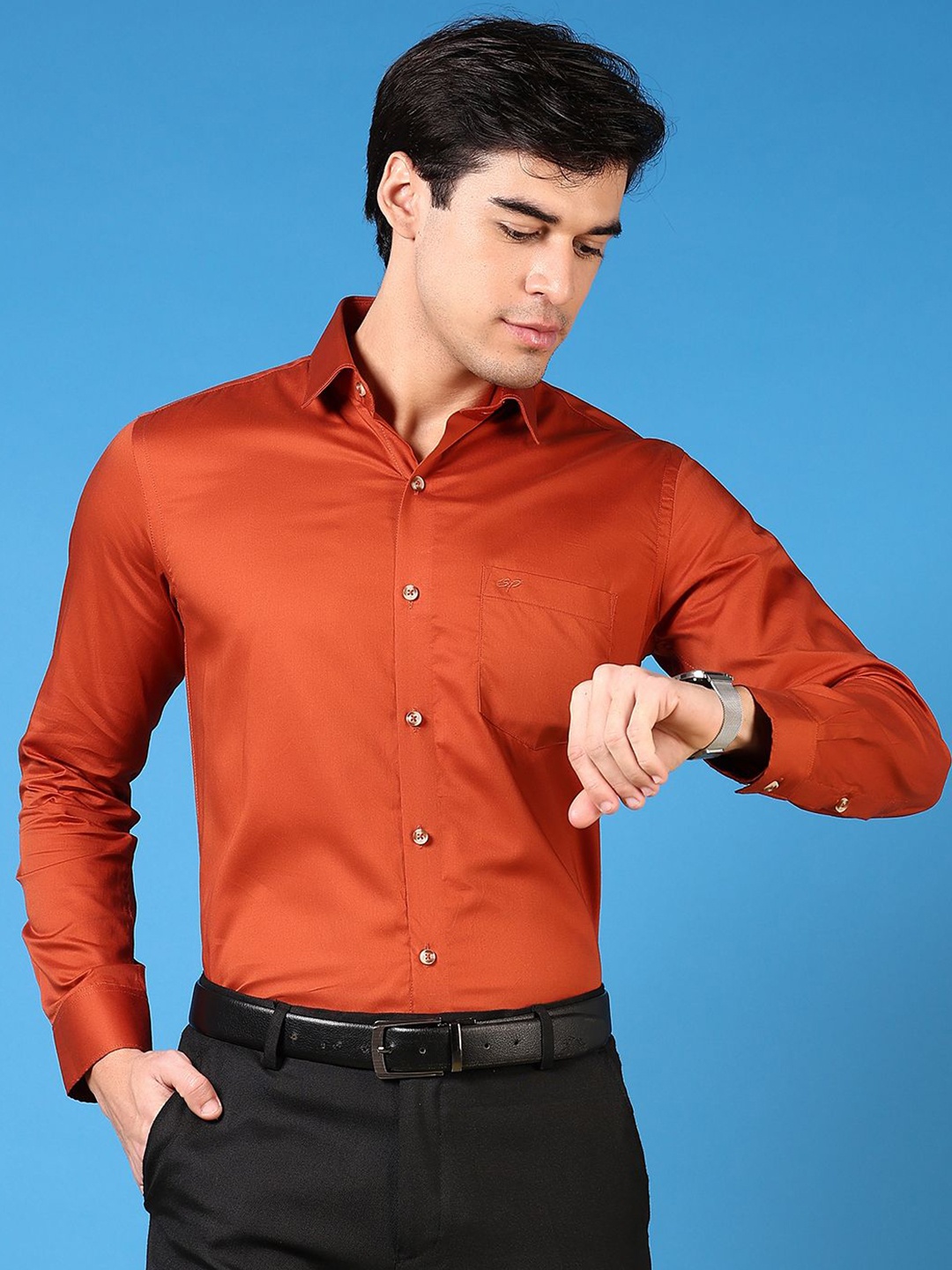 

V-Mart Men Slim Fit Spread Collar Solid Cotton Casual Shirt, Rust