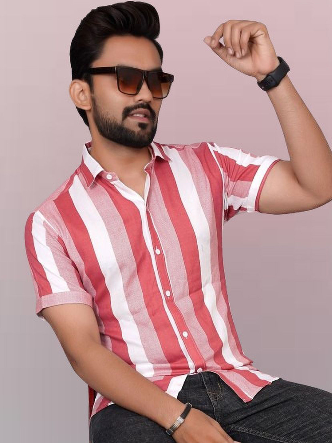 

Metronaut Men Semi Sheer Striped Casual Shirt, Pink