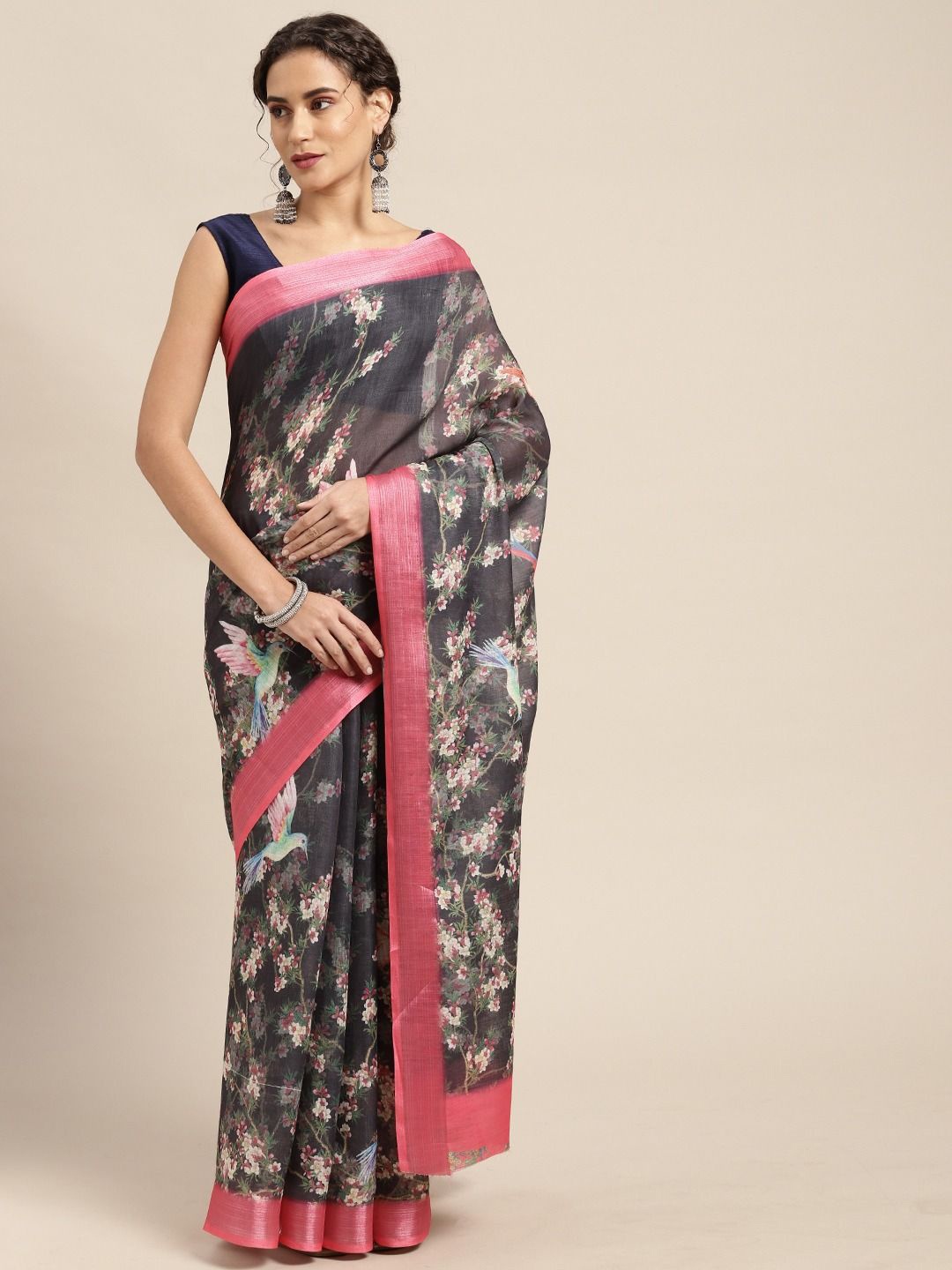 

DIVASTRI Floral Zari Pure Linen Saree, Navy blue