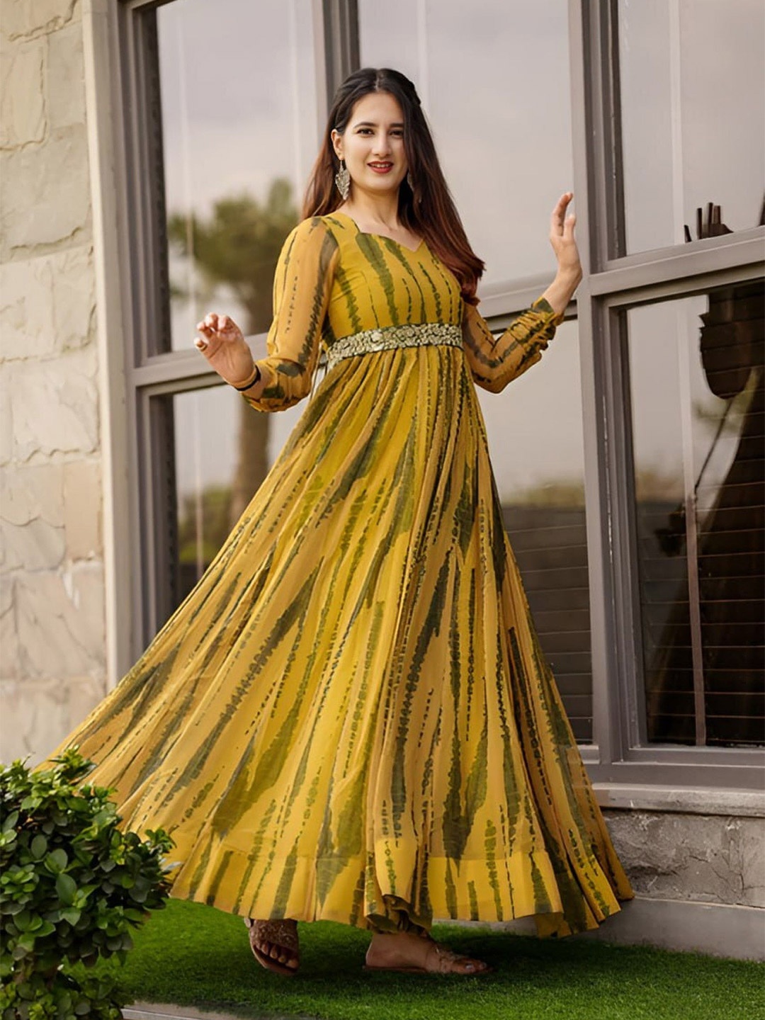 

Raiyani Fashion Women Tie and Dye Fit and Flare Maxi Dress Comes with a belt, Yellow