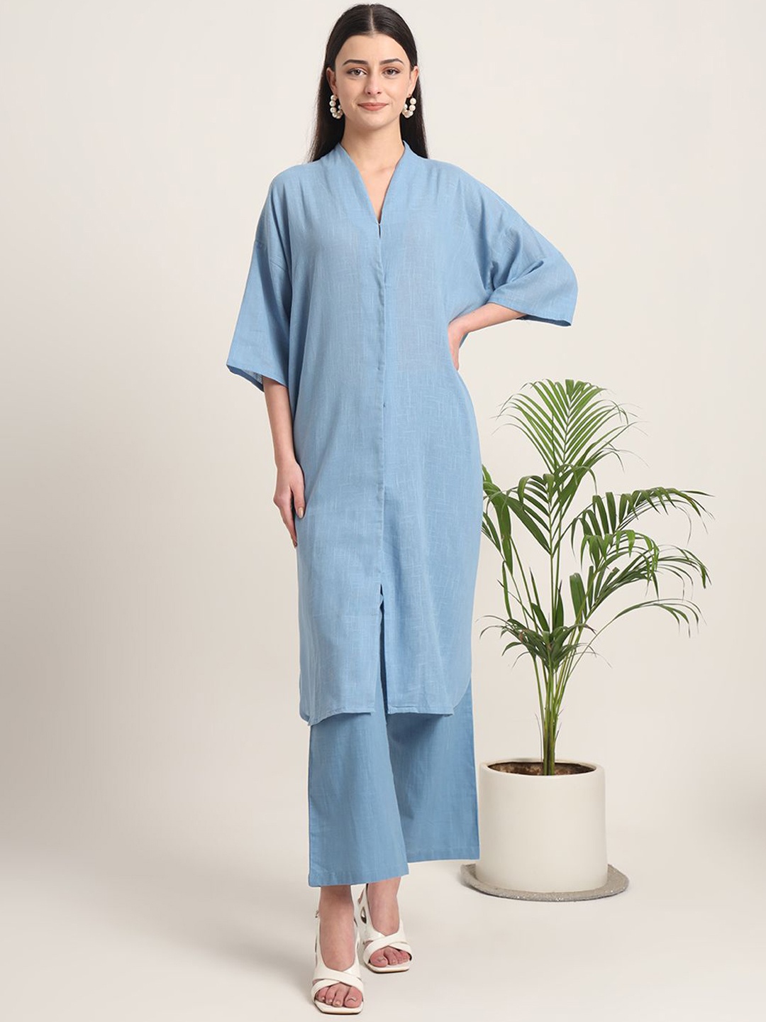 

Thevasa V Neck Pure Cotton Tunic & Trouser, Blue