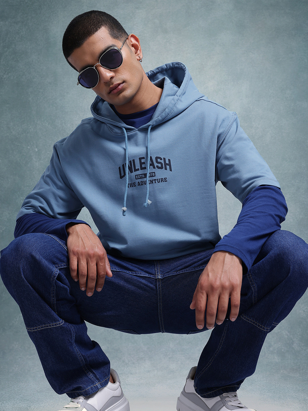 

The Roadster Life Co. Printed Drop-Shoulder Sleeves Pure Cotton Relaxed Hooded T-shirt, Blue