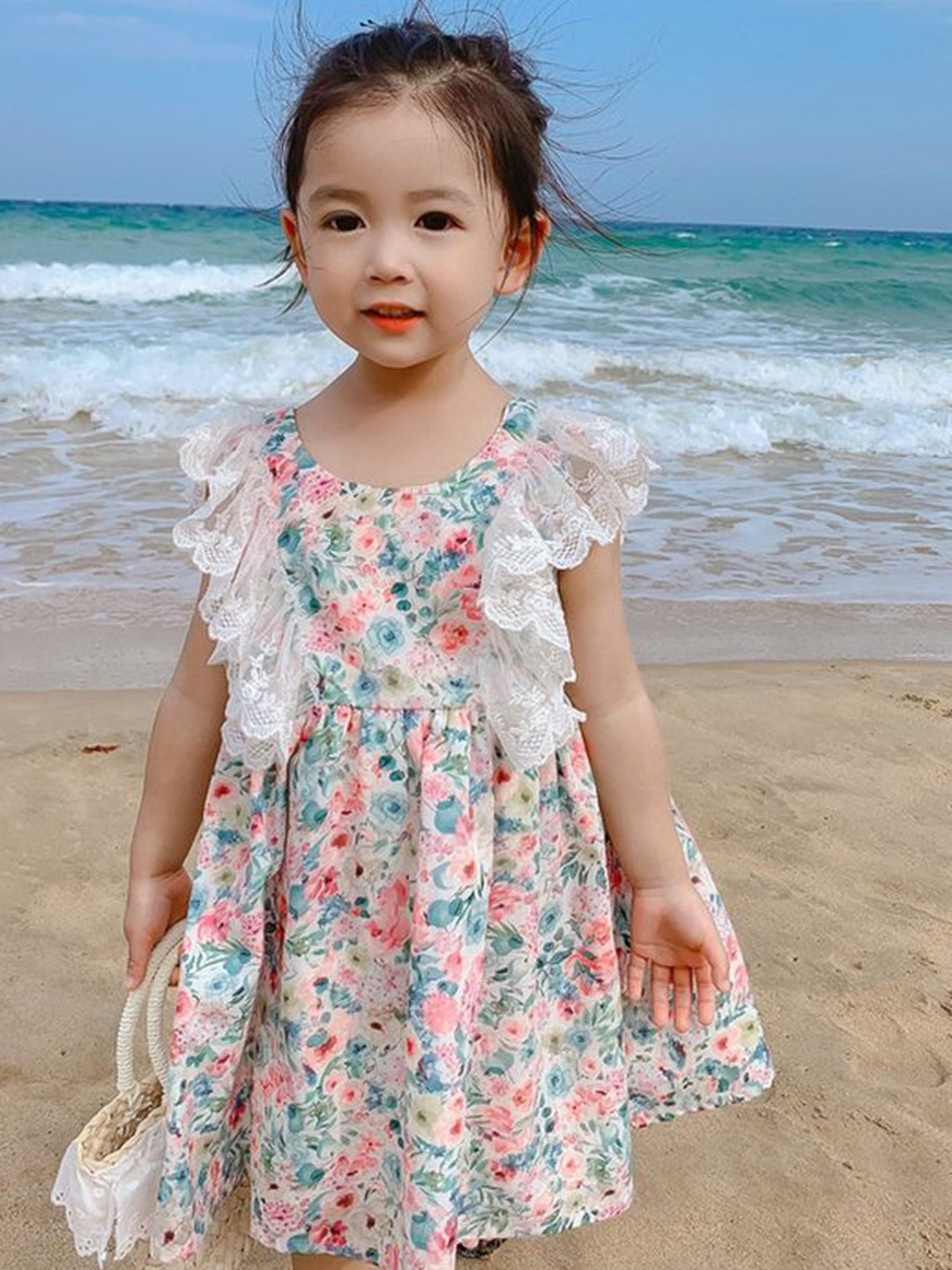 

LULU & SKY Girls Cotton Floral Printed Flutter Sleeve Fit & Flare Dress, White
