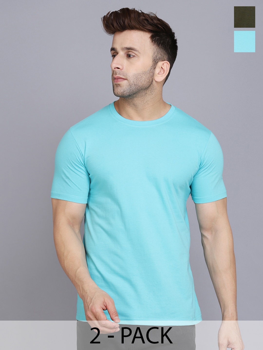 

WOOSTRO Men Pack Of 2 Solid Round Neck Cotton Slim Fit T-shirts, Olive