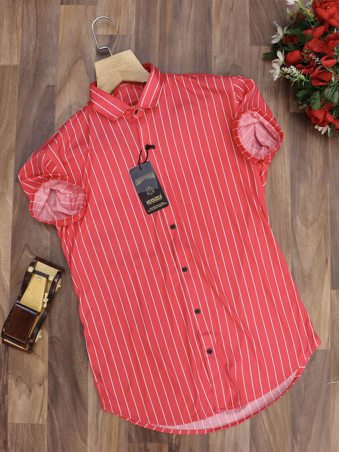 

iCome Men Spread Collar Vertical Striped Casual Shirt, Pink