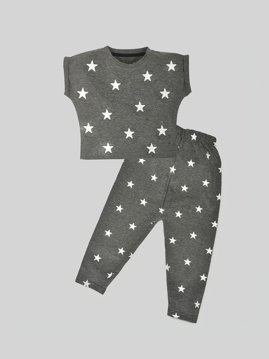

BAESD Girls Printed Round Neck Pure Cotton T-Shirt With Trouser, Grey melange