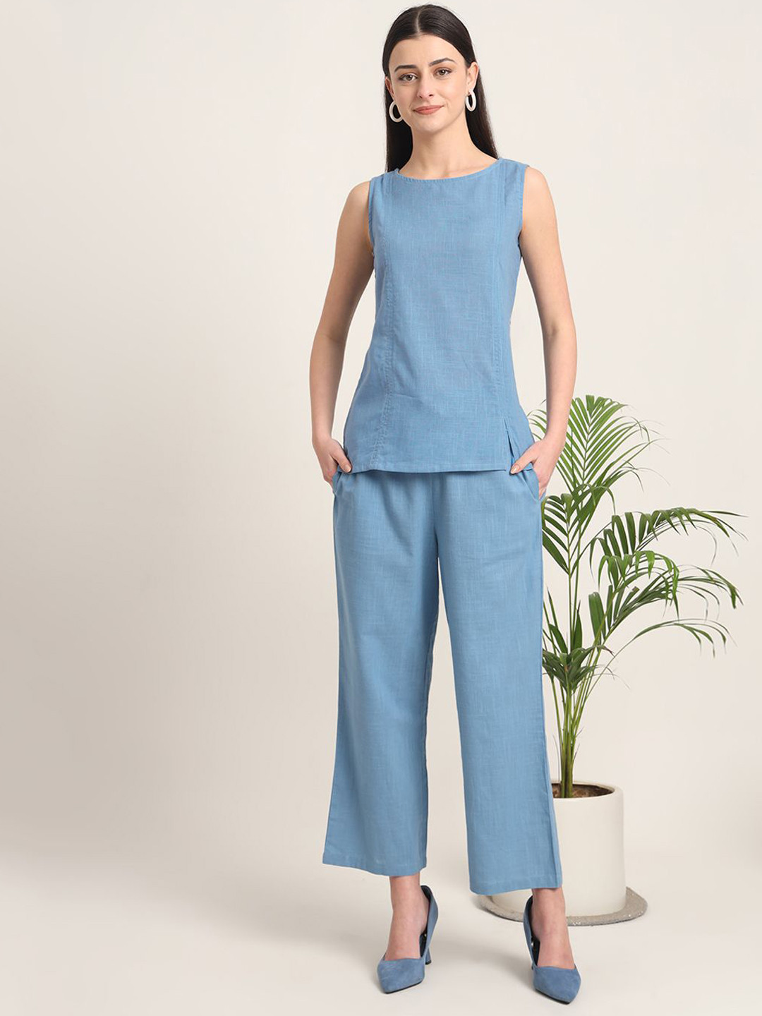 

Thevasa Boat Neck Pure Cotton Top With Trousers, Blue