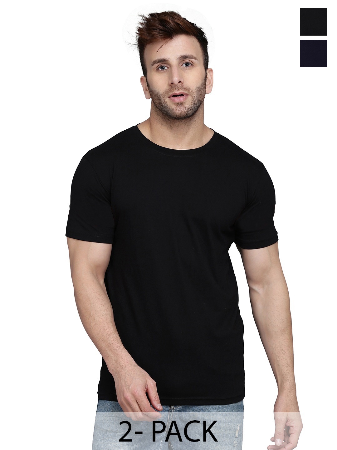

WOOSTRO Men Pack Of 2 Solid Round Neck Cotton Slim Fit T-shirts, Black