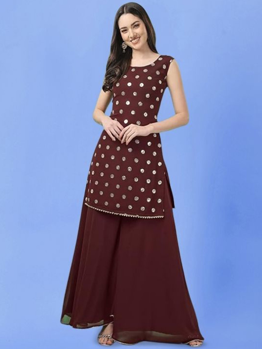 

PARROT CREATION Geometric Embroidered Georgette Straight Kurti With Sharara & Dupatta, Brown