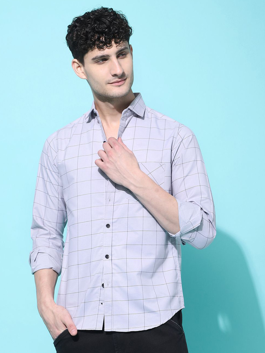 

Metronaut Men Regular Fit Spread Collar Windowpane Checked Cotton Casual Shirt, Grey