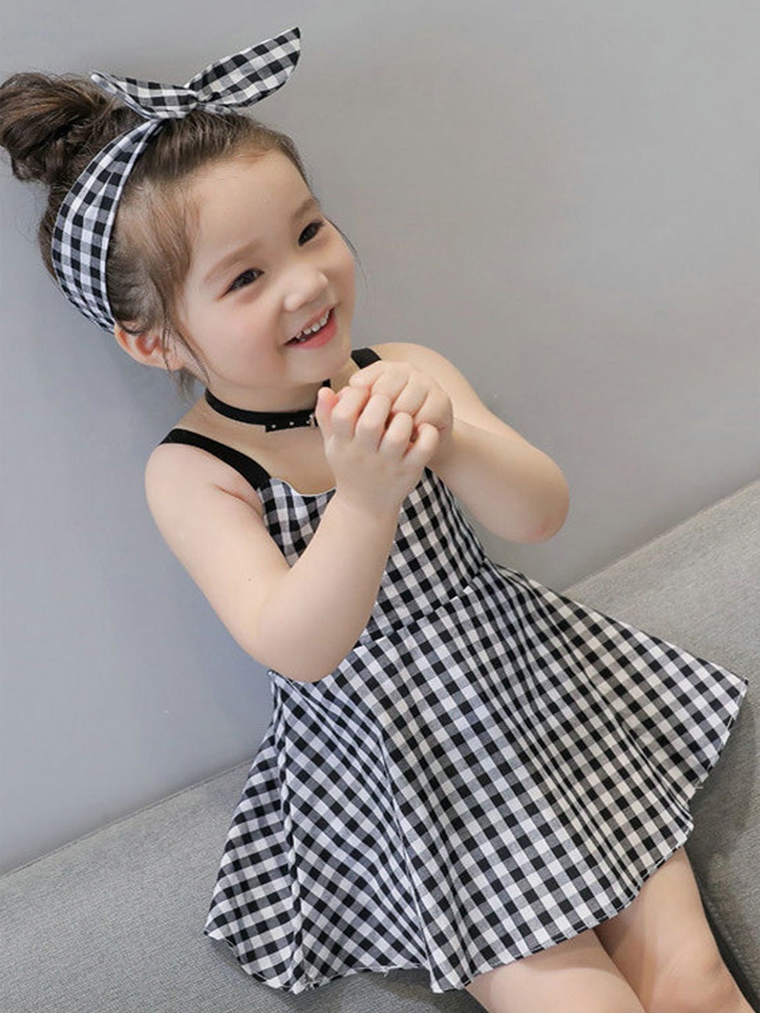 

LULU & SKY Girls Monochrome Checked Fit & Flare Mini Dress, Black