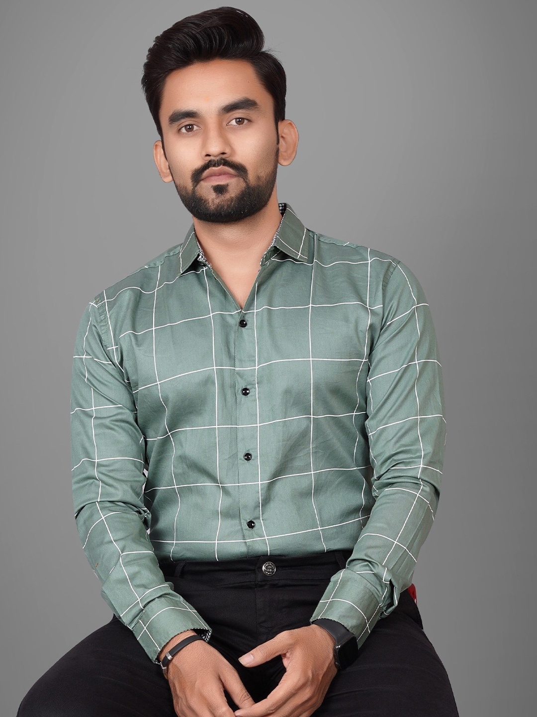 

Metronaut Men Regular Fit Spread Collar Windowpane Checked Formal Shirt, Green