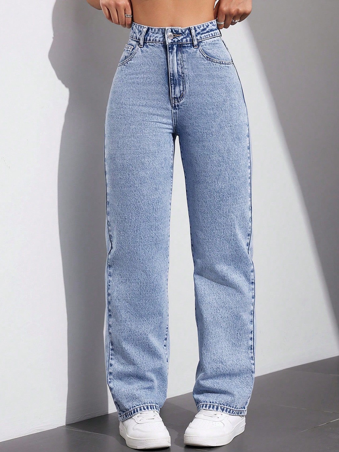 

PLUS 91 Women Comfort Straight Fit High-Rise Low Distress Stretchable Jeans, Blue