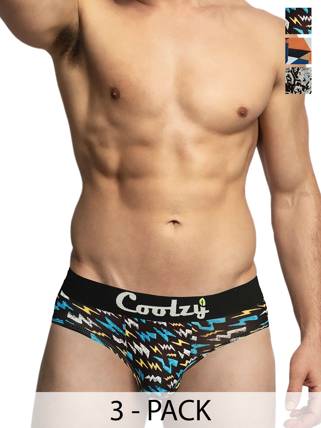 

COOLZY Pack Of 3 Printed Mid-Rise Basic Briefs RUCPBF3K056-S, Black