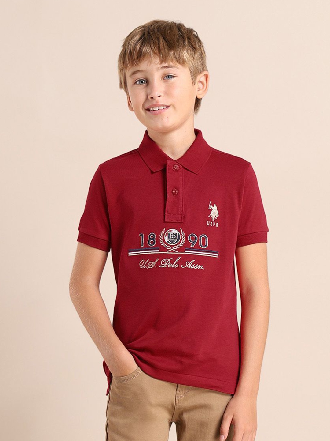 

U.S. Polo Assn. Kids Boys Typography Printed Polo Collar Cotton T-shirt, Maroon