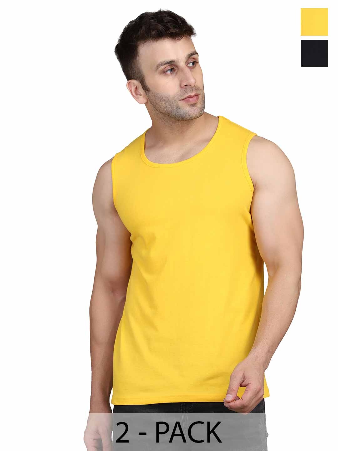 

WOOSTRO Men Pack Of 2 Solid Round Neck Cotton Slim Fit T-shirts, Yellow
