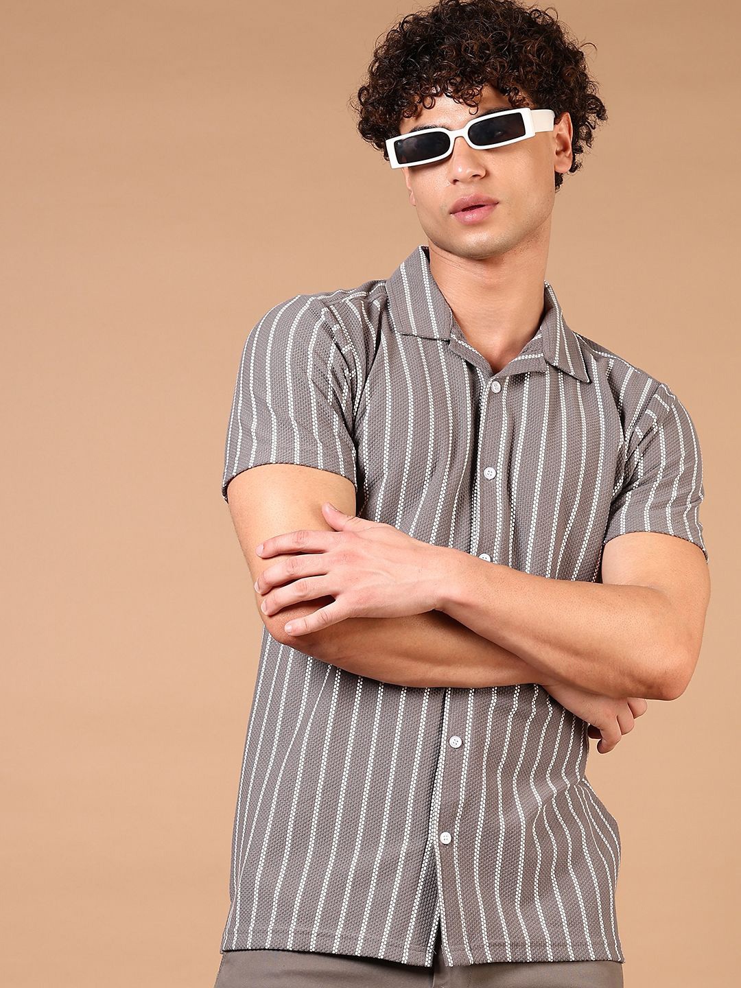 

V-Mart Men Cuban Collar Vertical Striped Cotton Casual Shirt, Grey