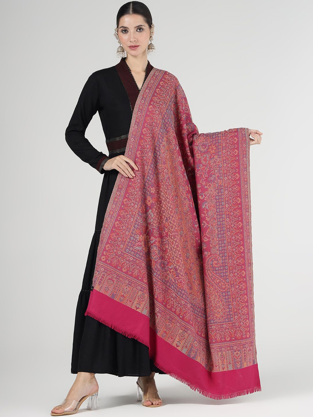 

PASHMAL INDIA PRIVATE LIMITED Floral Woven Design Wool Shawl, Pink