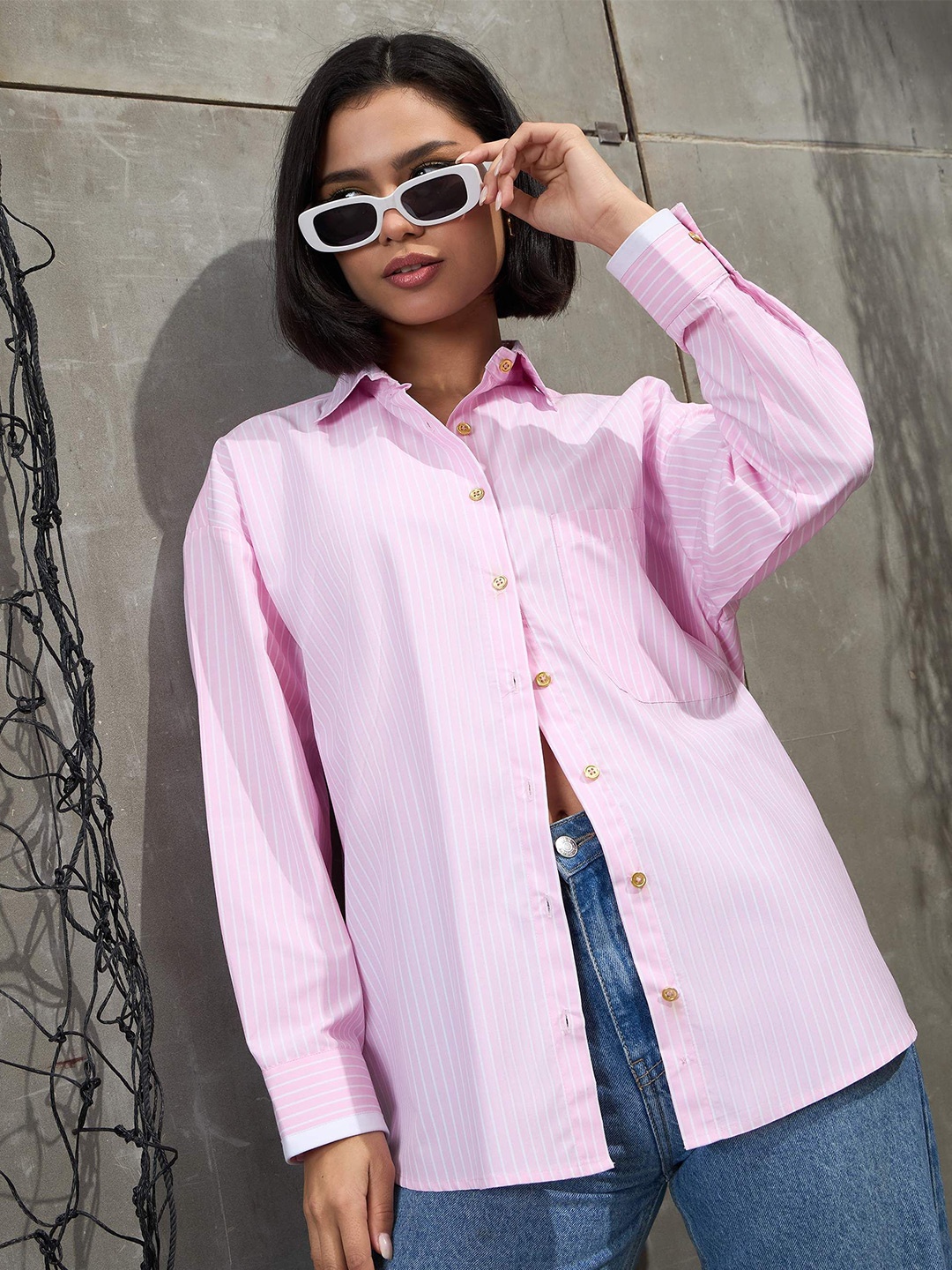

SASSAFRAS Women Relaxed Oversized Fit Spread Collar Vertical Striped Casual Shirt, Pink