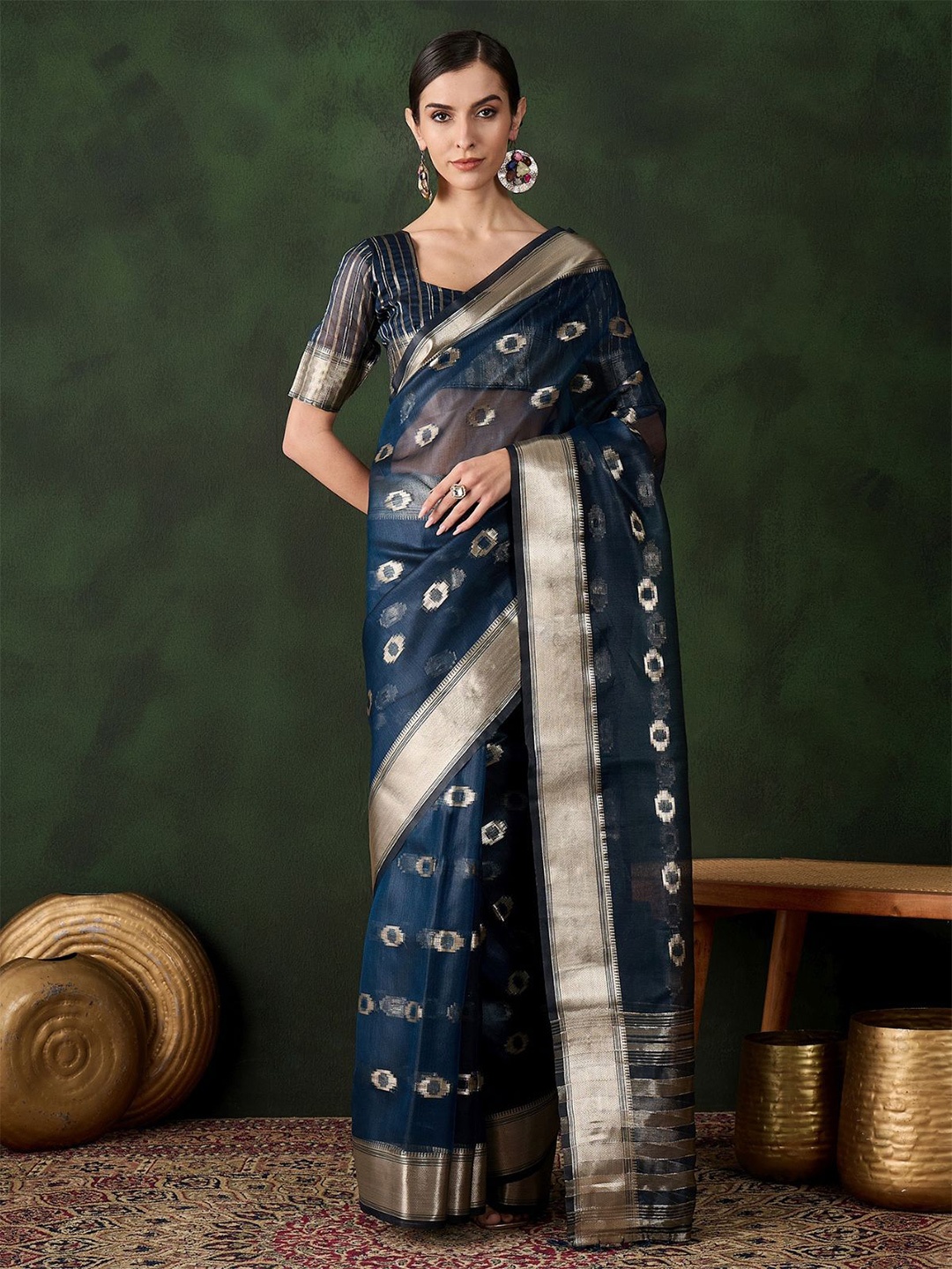 

ODETTE Teal Blue Organza Woven Saree With Unstitched Blouse For Women