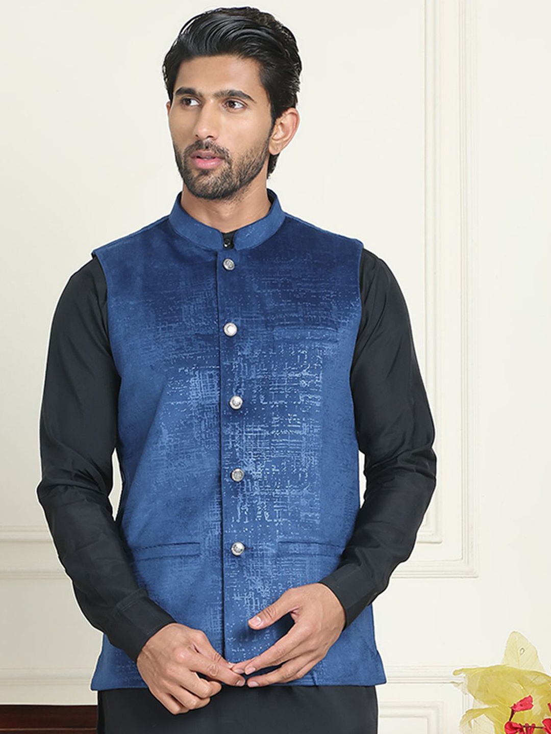 

Anouk Woven Mandarin Collar Neck Nehru Jacket, Blue