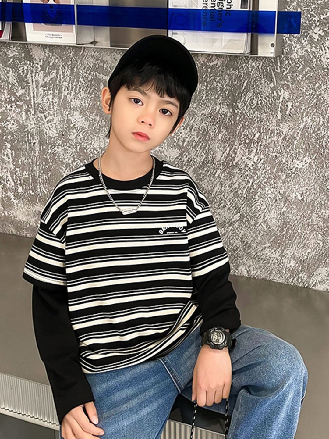 

LULU & SKY Boys Striped Round Neck Cotton Oversized T-shirt, Black