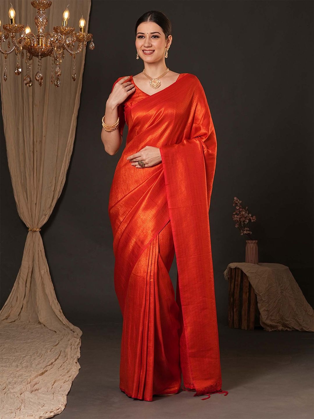 

Anouk Woven Design Zari Silk Blend Kanjeevaram Saree, Orange