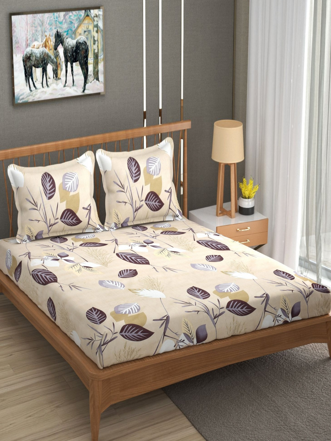 

BLUEDOT Waterproof Beige Printed Pure Cotton 300 TC King Bedsheet Set 78 cm x 72 cm x 8 cm