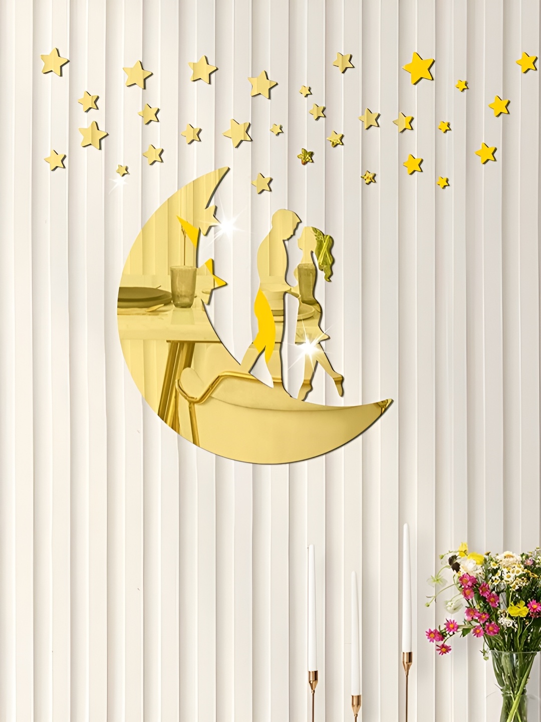 

VAH Kya Bat Hai !! 31 Pieces Yellow Moon With Couple 3D Mirror Wall Stickers, Gold