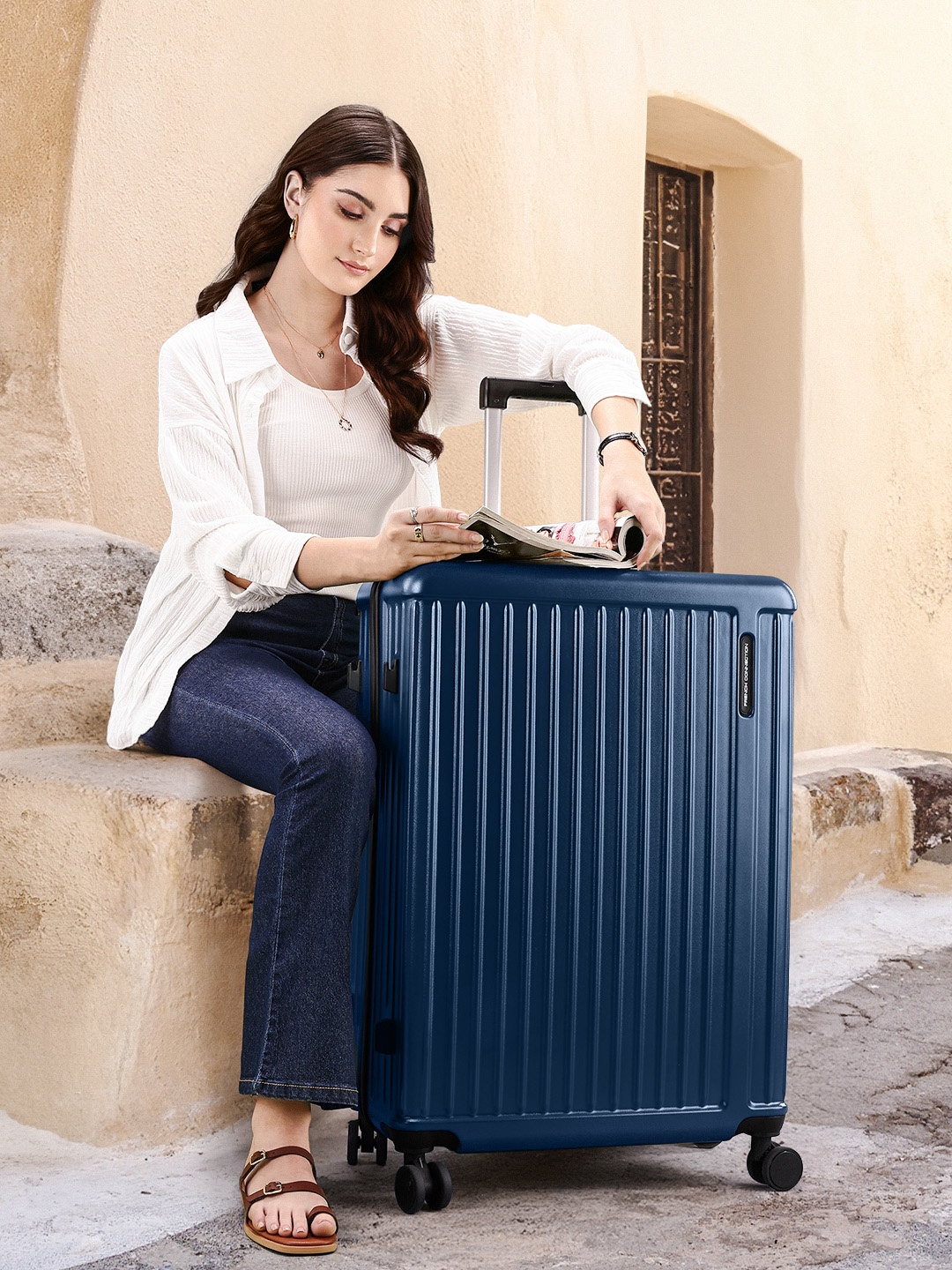 

French Connection Glanza Q5 360 Degree Rotation Hard-Sided Large-Sized Trolley Bag - 117L, Navy blue