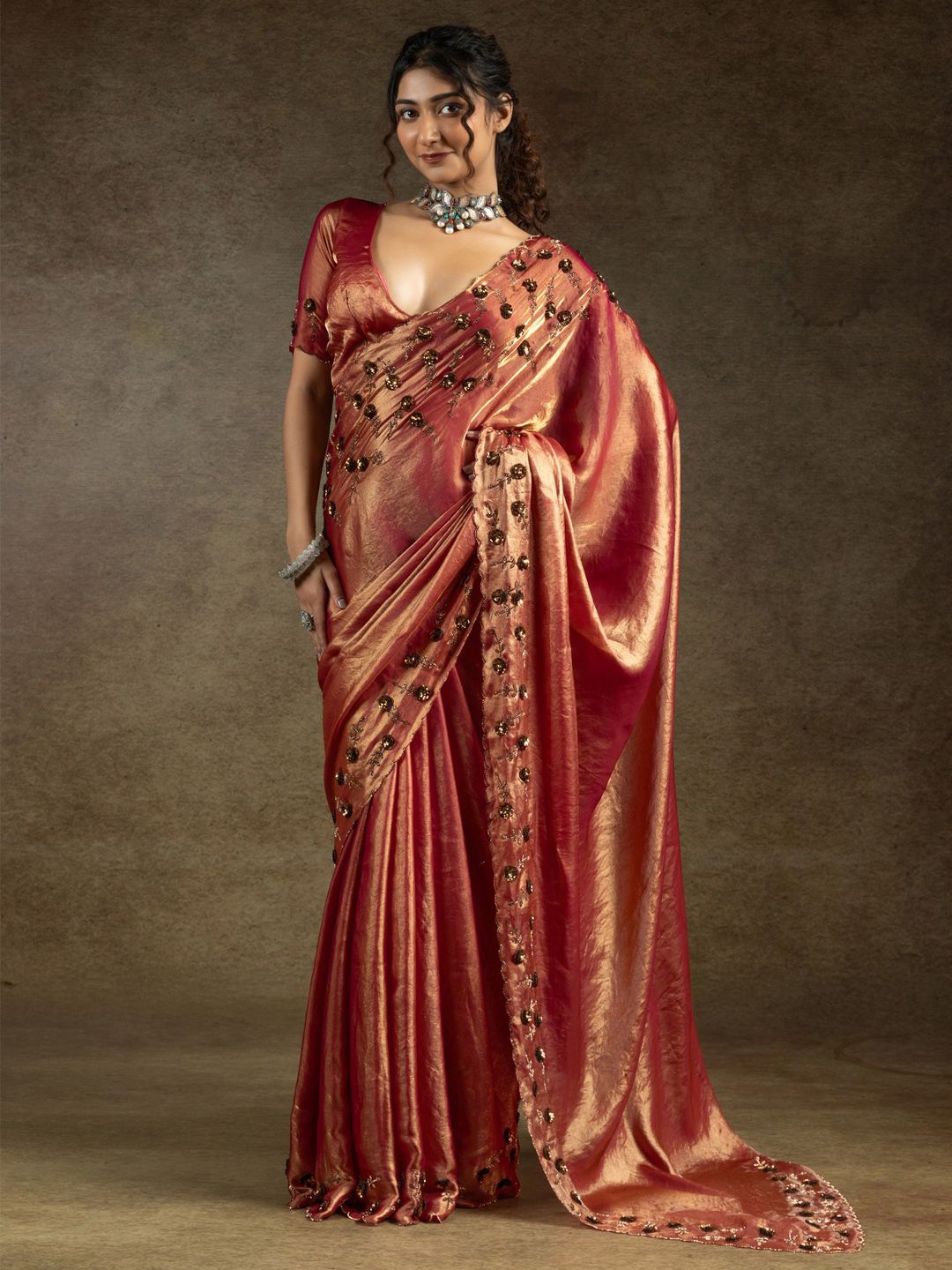 

Saree mall Embellished Sequinned Satin Sarees, Copper