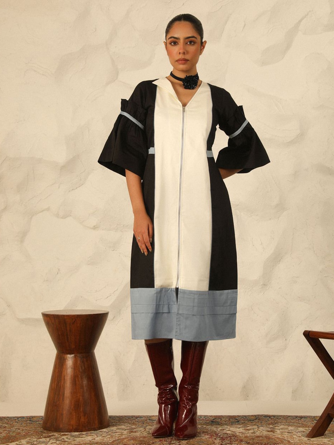 

YA-SA Colourblocked Cotton A-Line Midi Dress, Black