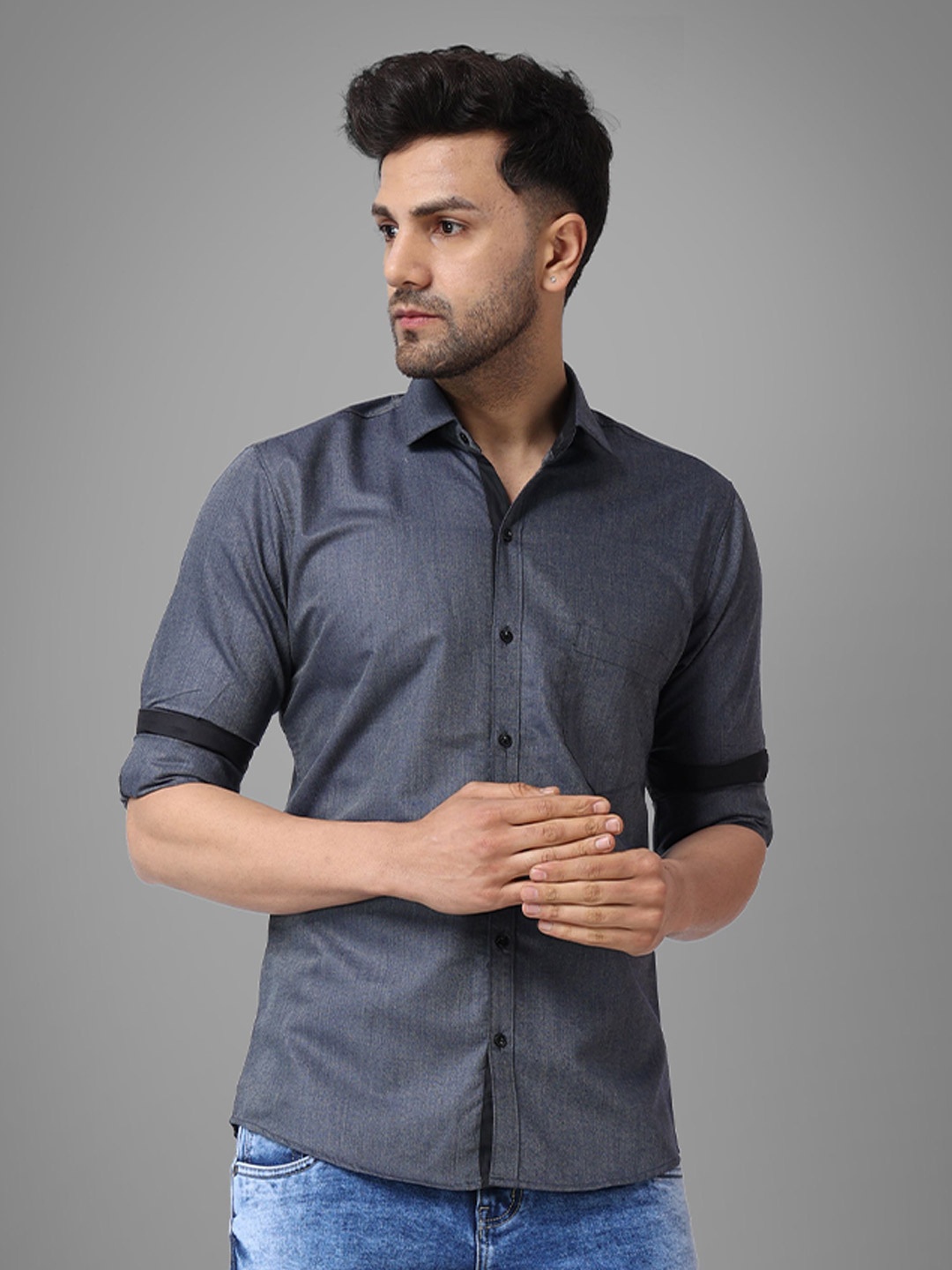 

Metronaut Men Regular Fit Spread Collar Solid Cotton Casual Shirt, Grey