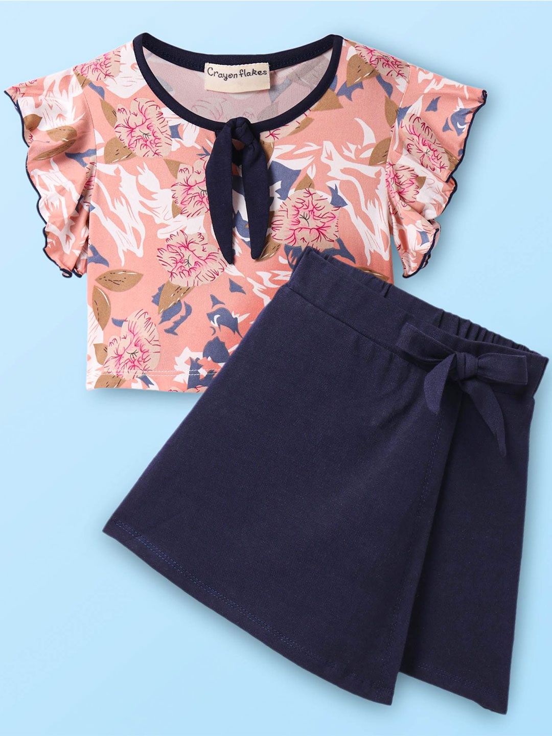 

CrayonFlakes Girls Printed Round Neck Top With Skorts, Navy blue
