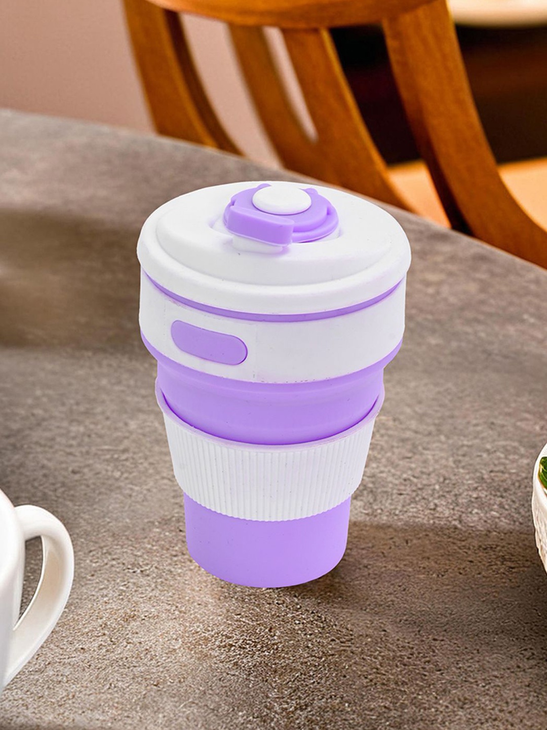 

Kuber Industries Purple & White Textured Collapsible Cup With Lid 350ml