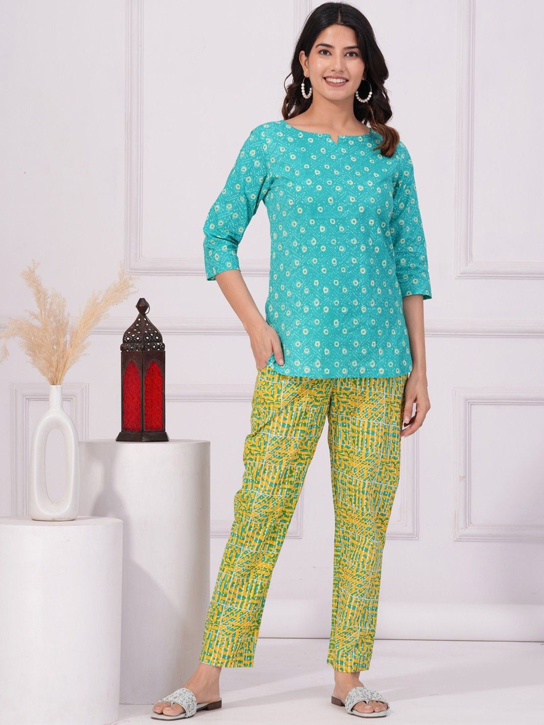 

COTNUF Printed Pure Cotton Top With Trouser Co-Ords, Sea green