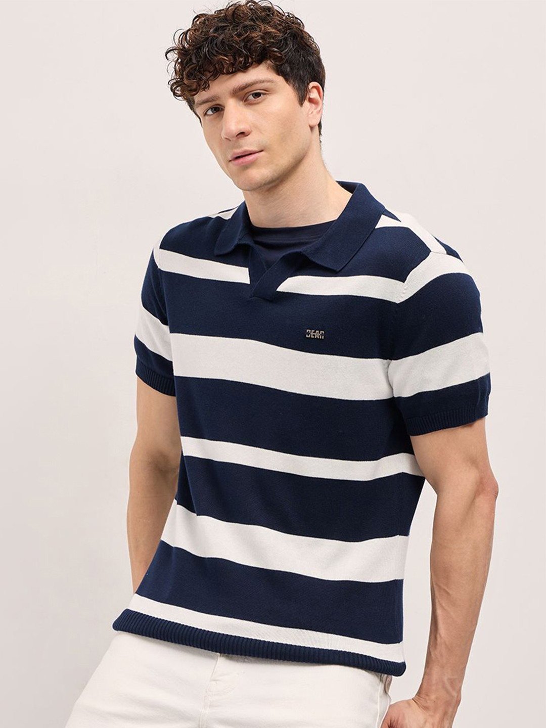

THE BEAR HOUSE Men Regular Fit Striped Polo Collar Cotton T-shirt, Navy blue