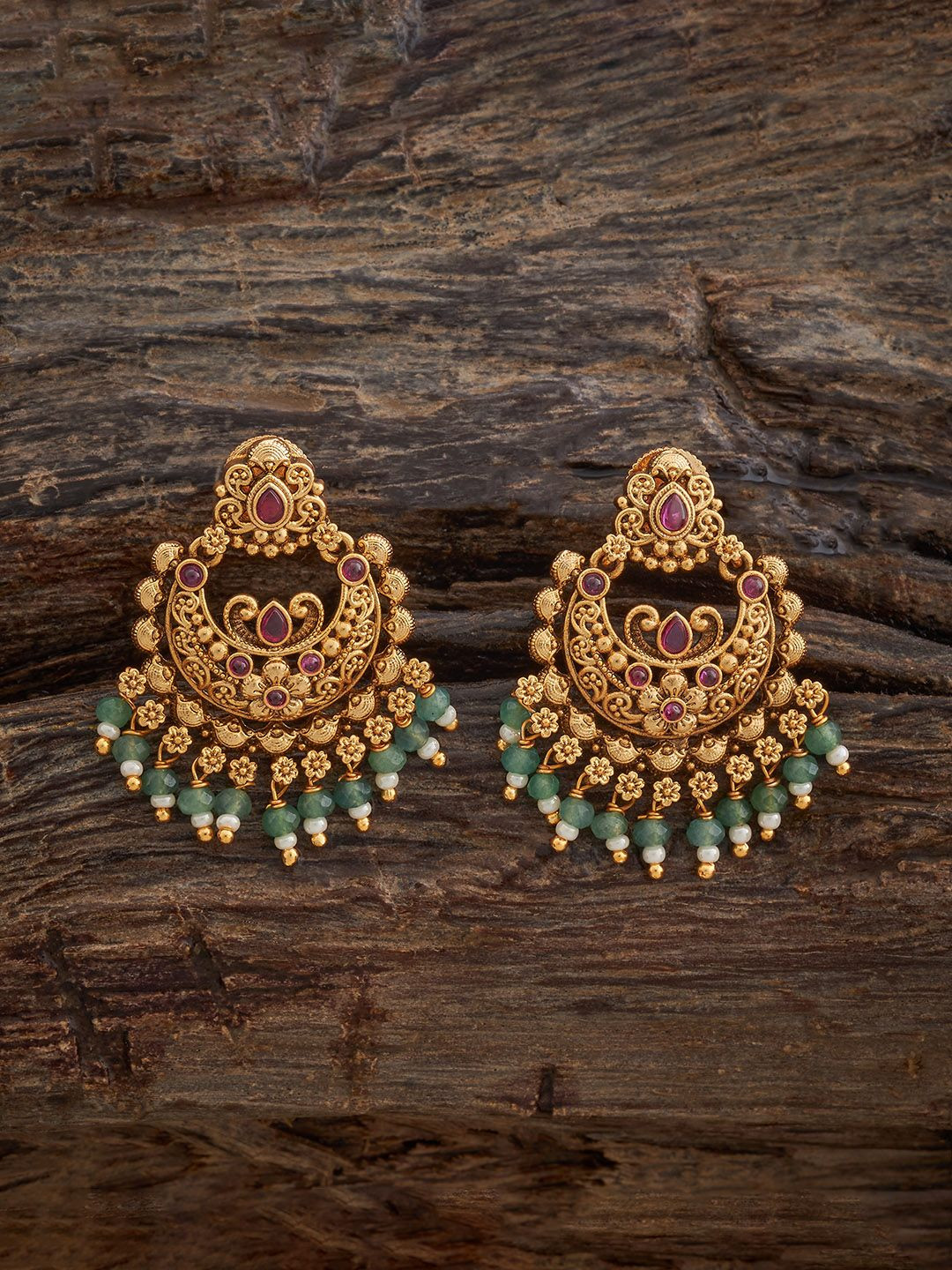 

Kushal's Fashion Jewellery Gold Plated Ruby Studded Crescent Shaped Chandbalis Earrings